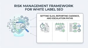 Infographic titled RISK MANAGEMENT FRAMEWORK FOR WHITE LABEL SEO detailing guidelines for setting SLAs, reporting cadence, and escalation paths.