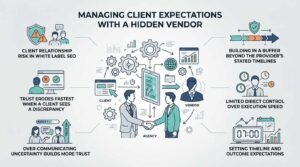 Infographic titled Managing Client Expectations with a Hidden Vendor outlining client relationship risks, trust erosion, communication strategies, timeline buffers, speed control, and outcome expectations.