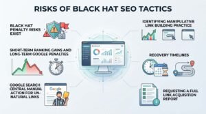 Infographic titled RISKS OF BLACK HAT SEO TACTICS detailing penalty risks, short-term gains versus long-term penalties, Google manual actions, identifying manipulative link building, recovery timelines, and requesting link acquisition reports.
