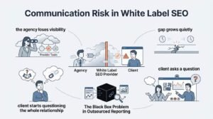 Infographic titled Communication Risk in White Label SEO outlining the breakdown of visibility, widening communication gaps, client inquiries, relationship doubts, and the black box problem in outsourced reporting