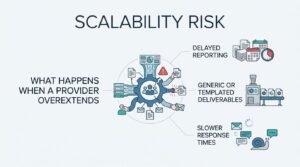 Infographic titled SCALABILITY RISK illustrating what happens when a white-label SEO provider overextends, including delayed reporting, generic or templated deliverables, and slower response times.