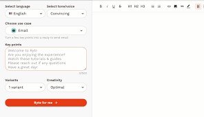 Rytr content generation workspace displaying a left sidebar configuration form for Email generation and a blank rich-text document canvas on the right.