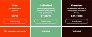 Rytr pricing matrix comparing Free at $0/m for 10K characters, Unlimited at $7.50/m, and Premium at $24.16/m across distinct color-coded columns.