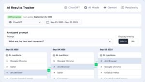 AI Results Tracker dashboard interface showing daily ranking changes for AI mentions in ChatGPT across September 23 to September 25, 2025, for the prompt 'What are the best web browsers?