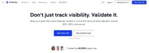 SE Ranking homepage hero section featuring the headline 'Don't just track visibility. Validate it.' alongside call-to-action buttons for starting a free trial and viewing a product tour.