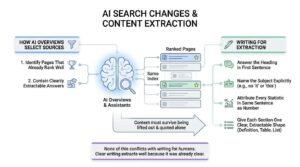 Infographic explaining AI search changes and content extraction, showing how AI Overviews select ranked sources and best practices for writing extractable content.