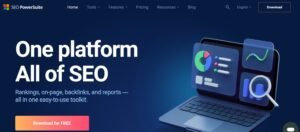 SEO PowerSuite homepage hero section featuring the headline 'One platform All of SEO' with subheadline highlighting rankings, on-page, backlinks, and reports, alongside a 3D laptop illustration and Download for FREE button."