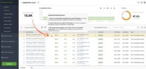 SEO PowerSuite backlink profile audit for petpavilion.co.uk showing 15.0K backlinks found, a 67.8% dofollow link ratio, and a pop-up warning detailing detected penalty risk factors.