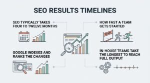 Infographic titled SEO RESULTS TIMELINES detailing delivery expectations: SEO typically takes four to twelve months, team launch speed, Google indexing cycles, and in-house team ramp-up times.