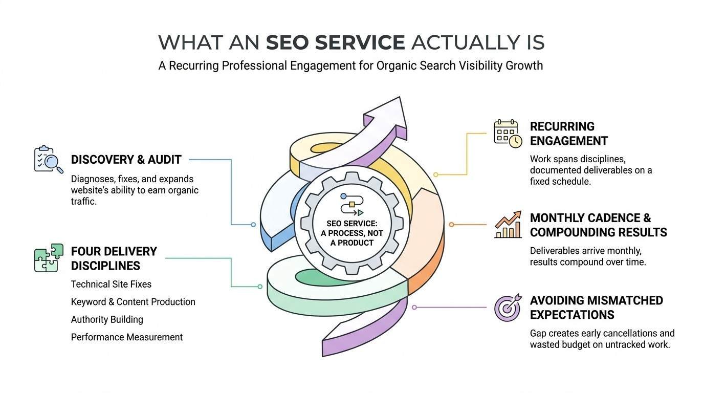 Infographic explaining what an SEO service actually is as an ongoing process, highlighting discovery, delivery disciplines, recurring engagement, and compounding monthly results around a central spiral gear.