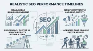 Infographic titled Realistic SEO Performance Timelines illustrating measurable ranking movement, traffic and lead growth, top 10 search result timelines within a year, and risks of agencies promising faster results.