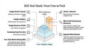 SEO tool stack infographic showing the transition from free beginner tools like Google Search Console and Analytics to paid advanced tools like Ahrefs and Semrush.