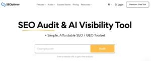 SEOptimer homepage hero section featuring the headline 'SEO Audit & AI Visibility Tool' with an interactive domain input bar and yellow 'Audit' submit button for free website analysis.