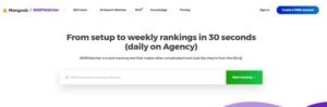 Mangools SERPWatcher homepage hero section titled 'From setup to weekly rankings in 30 seconds (daily on Agency)' with a domain tracking input field and a green Start tracking button.