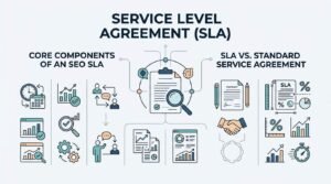 Infographic titled Service Level Agreement (SLA) outlining the core components of an SEO SLA versus standard service agreements, including timelines, audit verification, reporting, and performance metrics.