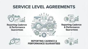 Infographic titled Service Level Agreements outlining reporting cadence, operational workflows, and performance guarantees in white-label SEO partnerships.