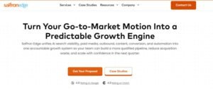 Screenshot of the Saffron Edge homepage displaying the headline 'Turn Your Go-to-Market Motion Into a Predictable Growth Engine' with dual CTAs for proposal requests and case studies above 4.8 Google and Clutch rating badges.