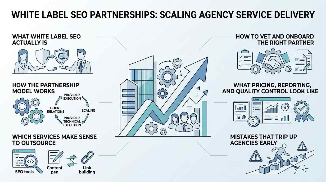 Infographic titled White Label SEO Partnerships: Scaling Agency Service Delivery outlining model definitions, operational workflows, partner vetting, service selection, quality control, and early mistakes.