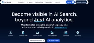 Scalenut homepage hero section on a dark background titled 'Become visible in AI Search, beyond Just AI analytics.' featuring core capability icons and free trial buttons.