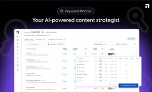 Scalenut Keyword Planner interface titled 'Your AI-powered content strategist' displaying 100 keyword clusters for the keto diet topic with SERP metrics and a Create SEO Article button.