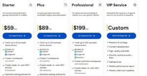 Scalenut subscription pricing table comparing Starter at $59/mo, Plus at $89/mo, Professional at $199/mo, and Custom VIP Service plans with prompt tracking and GEO article quotas.