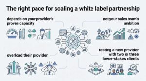 Infographic titled The right pace for scaling a white label partnership highlighting that growth depends on provider capacity rather than sales ambition, warning against provider overload and recommending testing with low-stakes clients.