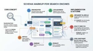 Schema markup for search engines infographic showing desktop and mobile browser previews mapped to structured data types like Organization, LocalBusiness, Article, FAQPage, and Product, alongside JSON-LD implementation rules and visibility guidelines.