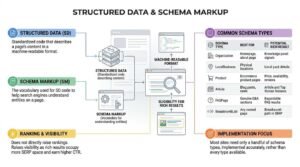 Structured data and schema markup infographic explaining how machine-readable code creates rich result eligibility, featuring a common schema types table covering Organization, LocalBusiness, Product, Article, FAQPage, and BreadcrumbList.
