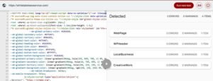 Schema Markup Validator results for whitelabelseoservice.com displaying HTML source code on the left and four detected structured data items on the right with zero errors.