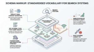 Schema markup infographic illustrating a structured data framework that standardizes vocabulary for search systems, featuring core schema types like Organization, Article, FAQPage, HowTo, and Product to build machine-readable entity groundwork.