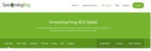 Screaming Frog SEO Spider landing page banner featuring a lime-green patterned background, platform description for Windows, macOS, and Linux, and product navigation links.