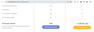Screaming Frog SEO Spider pricing comparison table contrasting the Free version against the paid licence tier priced at £199 per year with download and purchase buttons.