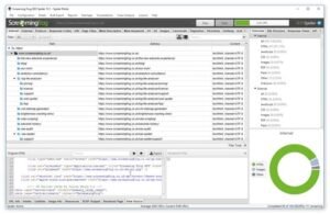 Screaming Frog SEO Spider desktop application actively crawling screamingfrog.co.uk in Spider Mode, showing URL directory trees, source code preview, and an Overview panel with a crawl breakdown donut chart