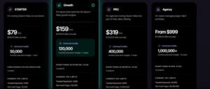 Search Atlas subscription pricing table comparing Starter at $79/mo, Growth at $159/mo, Pro at $319/mo, and Agency from $999/mo, detailing monthly universal credits, user seats, project allowances, and API limits.