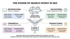 The power of search intent in SEO infographic showing a central compass-themed search intent matching engine feeding into ranking success, categorizing informational, navigational, commercial, and transactional intents with their query signals and expected page formats.