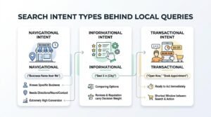 Infographic titled SEARCH INTENT TYPES BEHIND LOCAL QUERIES comparing Navigational Intent, Informational Intent, and Transactional Intent across query examples, user states, and conversion velocity.