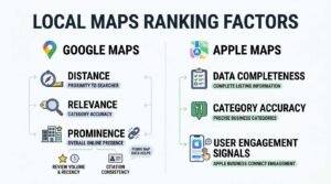 Infographic titled LOCAL MAPS RANKING FACTORS comparing Google Maps ranking signals (Distance: Proximity to Searcher, Relevance: Category Accuracy, and Prominence: Overall Online Presence supported by Review Volume & Recency and Citation Consistency) with Apple Maps ranking signals (Data Completeness: Complete Listing Information, Category Accuracy: Precise Business Categories, and User Engagement Signals: Apple Business Connect Engagement).