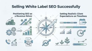 Infographic titled Selling White Label SEO Successfully contrasting Positioning SEO as a Revenue Driver against Setting Realistic Client Expectations on Timelines around a central directional compass hub.
