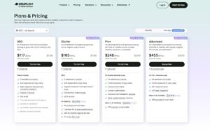 Semrush Plans & Pricing webpage comparison table displaying four subscription tiers—SEO, Starter, Pro+, and Advanced—detailing annual pricing, core SEO features, and AI Search visibility allowances.