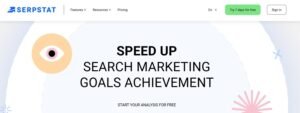 Serpstat homepage hero banner displaying the headline 'Speed up search marketing goals achievement' with call-to-action buttons for a 7-day free trial and starting analysis for free.