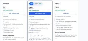 Serpstat subscription pricing table showing Individual at $50 per month, Team at $100 per month, and Agency at $410 per month, detailing project limits, daily searches, and feature allowances.
