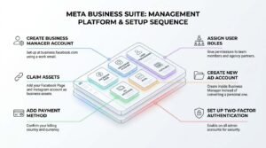 Meta Business Suite management platform and setup sequence infographic detailing a six-step onboarding process around an isometric dashboard displaying Facebook pages, Instagram accounts, ad accounts, pixels, catalogs, and user permissions.