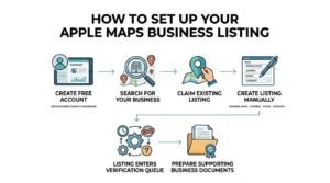 Infographic titled HOW TO SET UP YOUR APPLE MAPS BUSINESS LISTING showing a 6-step workflow: Create Free Account, Search for Your Business, Claim Existing Listing, Create Listing Manually, Listing Enters Verification Queue, and Prepare Supporting Business Documents.