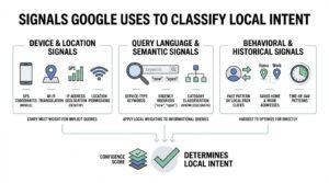 Infographic titled SIGNALS GOOGLE USES TO CLASSIFY LOCAL INTENT grouping algorithmic ranking factors into three pillars: Device & Location Signals, Query Language & Semantic Signals, and Behavioral & Historical Signals, which combine into a Confidence Score that Determines Local Intent.