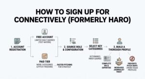 How to sign up for Connectively formerly HARO infographic, source onboarding workflow, free account vs paid tier pitch tracking, source role configuration, select key categories inbox queries, build thorough profile complete bio expertise, digital PR journalist outreach SOP.