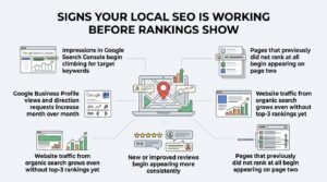 Infographic titled SIGNS YOUR LOCAL SEO IS WORKING BEFORE RANKINGS SHOW illustrating early indicators of campaign progress: Google Search Console impressions climbing, GBP direction requests increasing, previously unranked pages moving to page two, organic search traffic growth, and consistent incoming reviews centered around a laptop map interface.