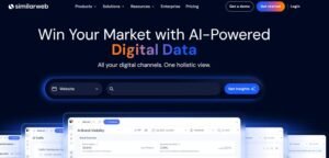 Similarweb homepage hero section featuring the headline 'Win Your Market with AI-Powered Digital Data' above a central website search input bar and overlapping dashboard UI screens tracking AI brand visibility and traffic distribution.