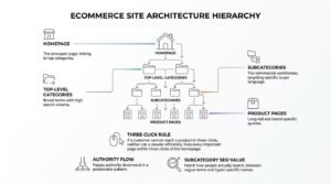Ecommerce site architecture hierarchy diagram showing a top-down website tree structure from homepage to top-level categories, subcategories, and product pages, highlighting the three-click rule and authority flow.