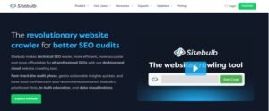 Sitebulb homepage hero banner with headline 'The revolutionary website crawler for better SEO audits', green 'Explore Sitebulb' button, and product demo video mockup.