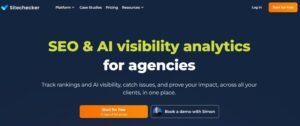 Sitechecker homepage hero banner with headline 'SEO & AI visibility analytics for agencies' and buttons to Start for free and Book a demo with Simon.